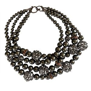ALEXIS BITTAR Designer Faux Pearl Gunmetal & Rhinestone Multi Strand Necklace